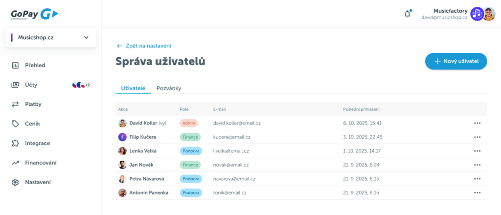 Přidávejte role uživatelům nového  GoPay obchodního účtu. 