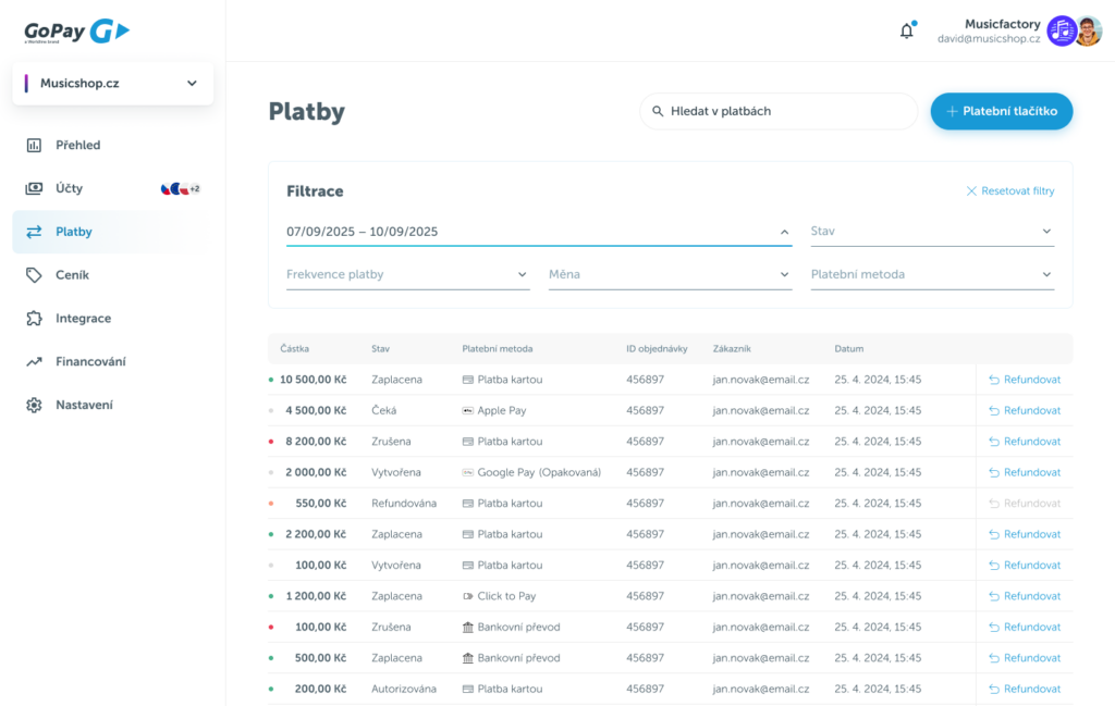 Nový obchodní účet platební brány GoPay umožňuje vyhledávat platby zákazníků ve fulltextovém vyhledávání.